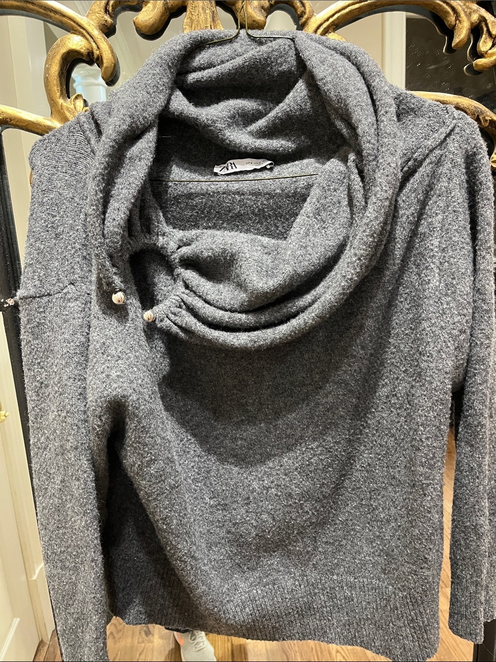 Zara Charcoal Gray Cowl Neck Sweater with Button Detail